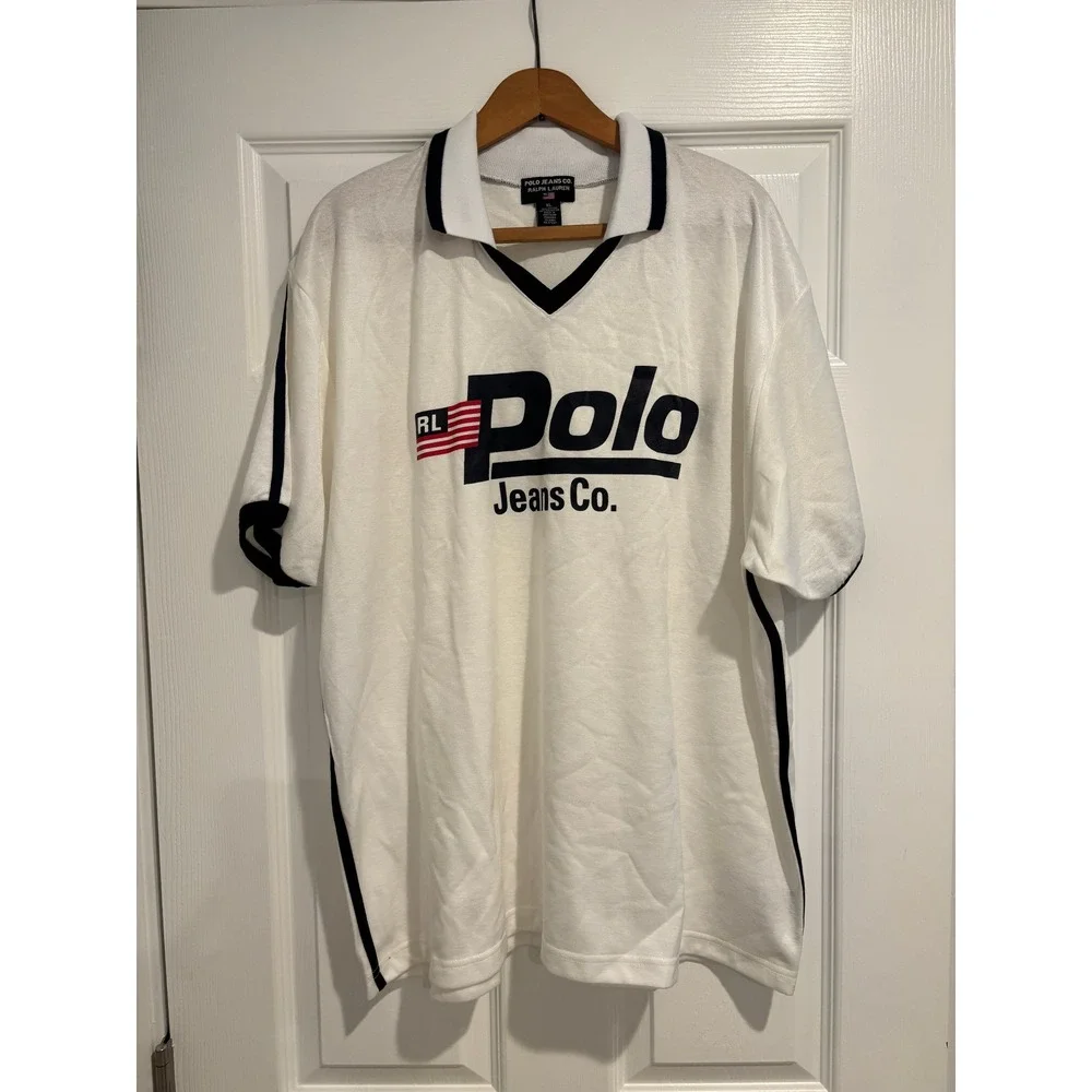 Vtg 90s Polo Jeans Co Ralph Lauren Ringer Tee White Navy‎ RL Flag XL